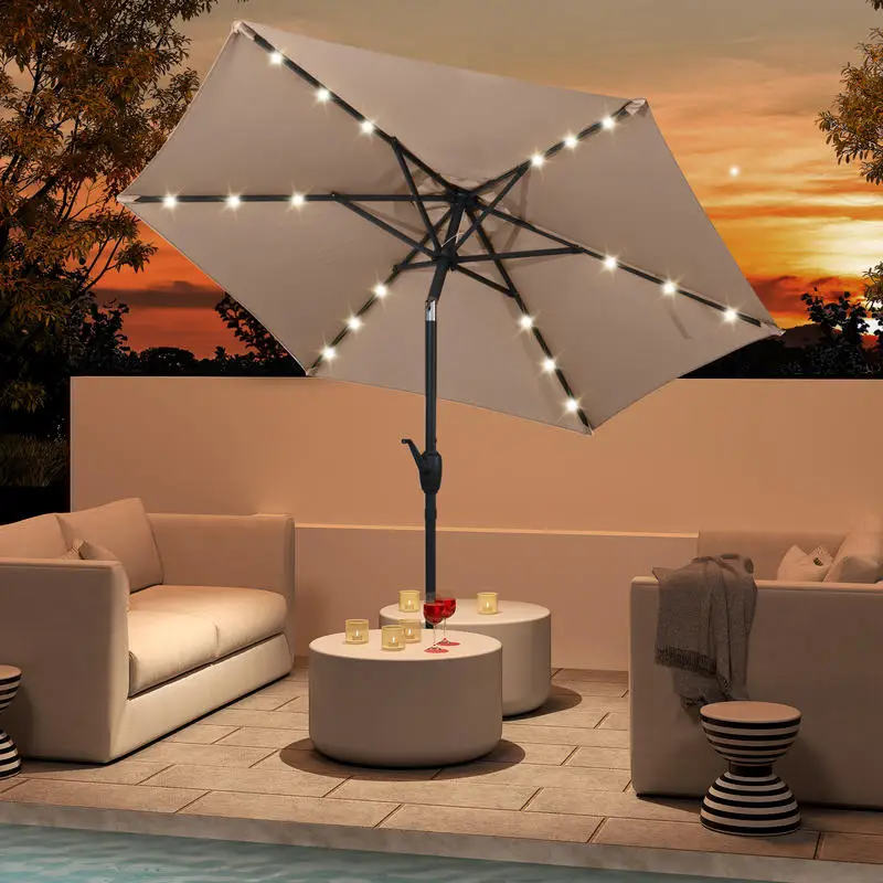 Patio Umbrella With Solar LED Lights, Aluminum Pole And Hand Crank Tilt, Wind Resistant Outdoor Market Umbrella For Terrace, Poolside And Commercial Cafe, Light Brown, 230cm Diameter