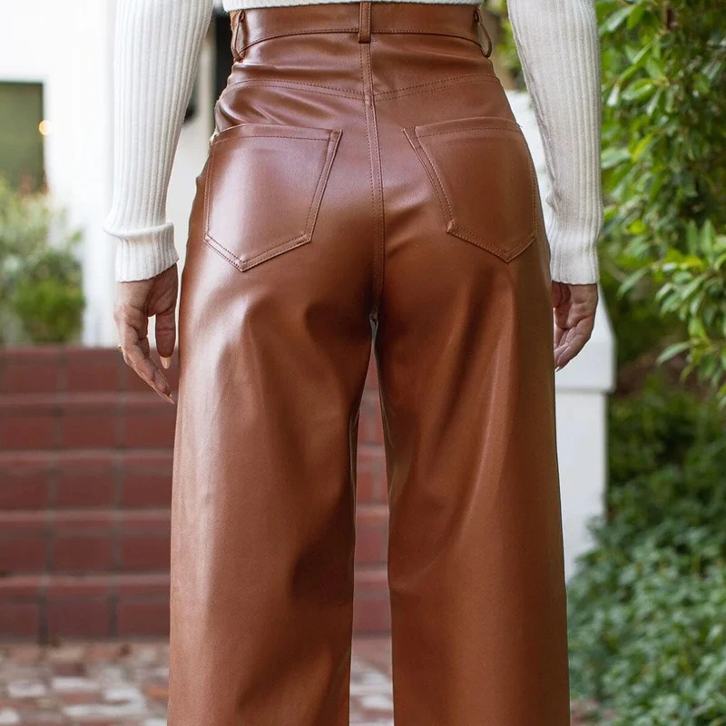 Leather Pants for Women High Waist Straight Slim Side Pockets Solid Color Casual Fashion Party PU Fall Trousers 2025 Streetwear