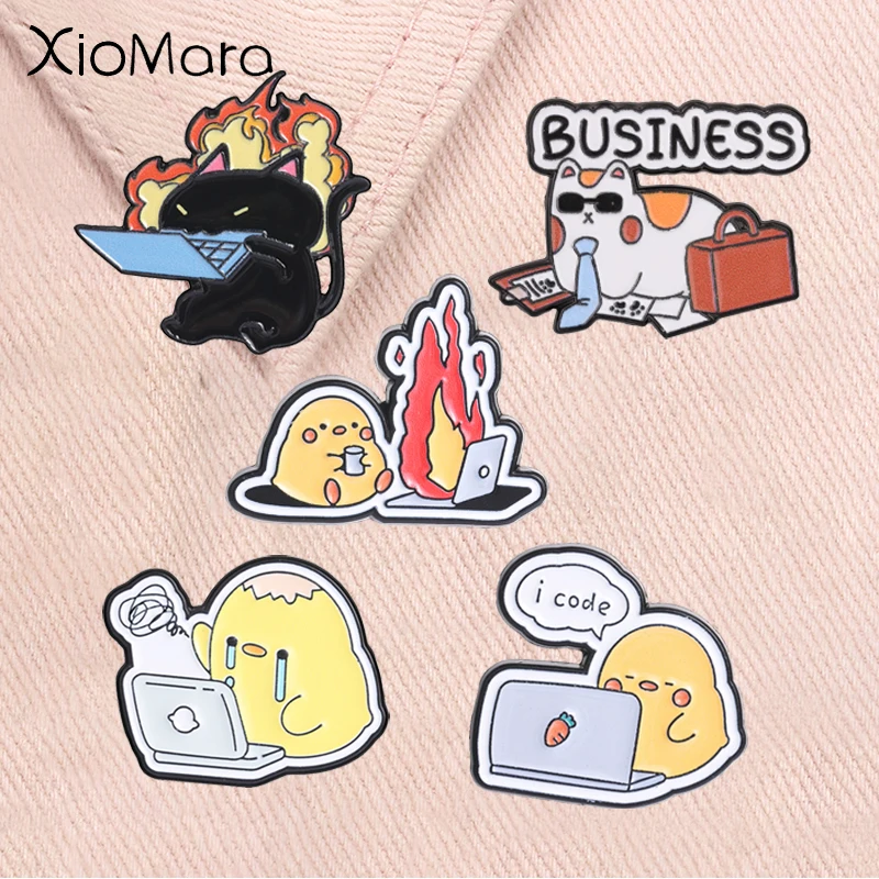 Work Cat Enamel Pins Funny Programmer Chick Office Animal IT Coder Computer Geek Laptop Brooches Lapel Badge Jewelry Gifts