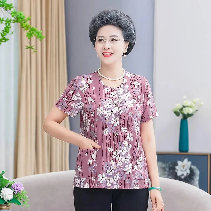 Middle Aged Elderly People Women's Clothing Short Sleeved Round NeckT-shirt Jacket  Mom's Costume Summer Attire Blouse Tees Coat