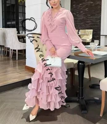 

customized Mermaid Long Sleeves Prom Dresses V Neck Pleated Tiered Chiffon Floor Length Party Dresses Evening Dresses
