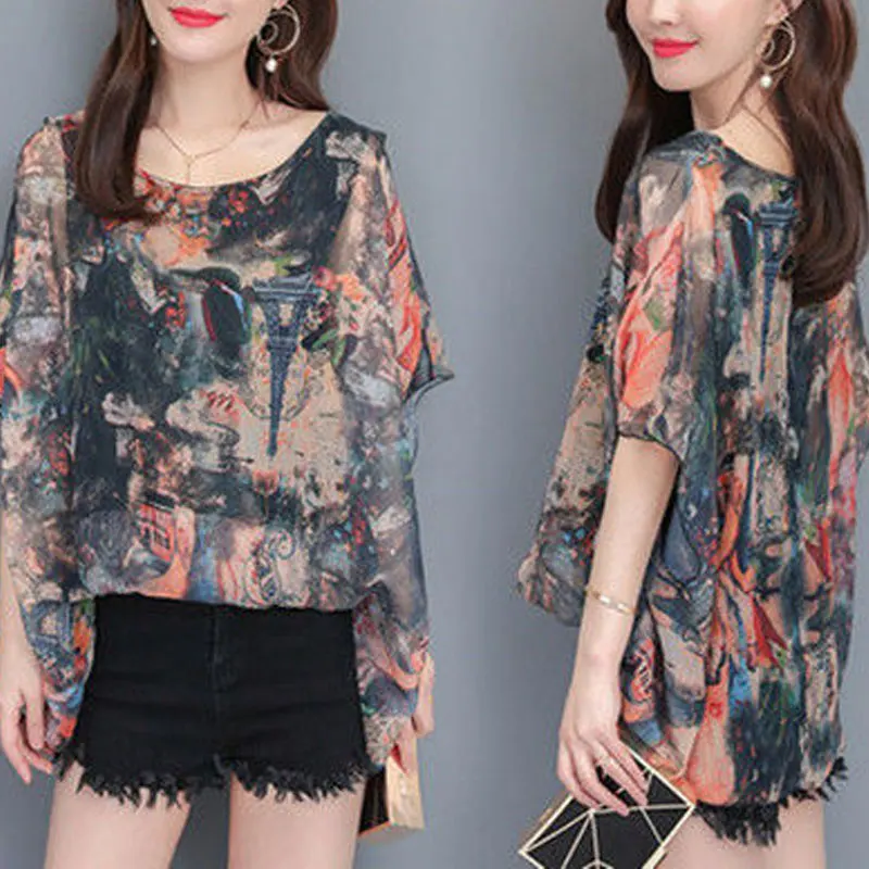 Summer Thin Casual Printed Korean Loose T-shirt Women\'s Clothing Patchwork All-match Round Neck Short Sleeve Chiffon Pullovers