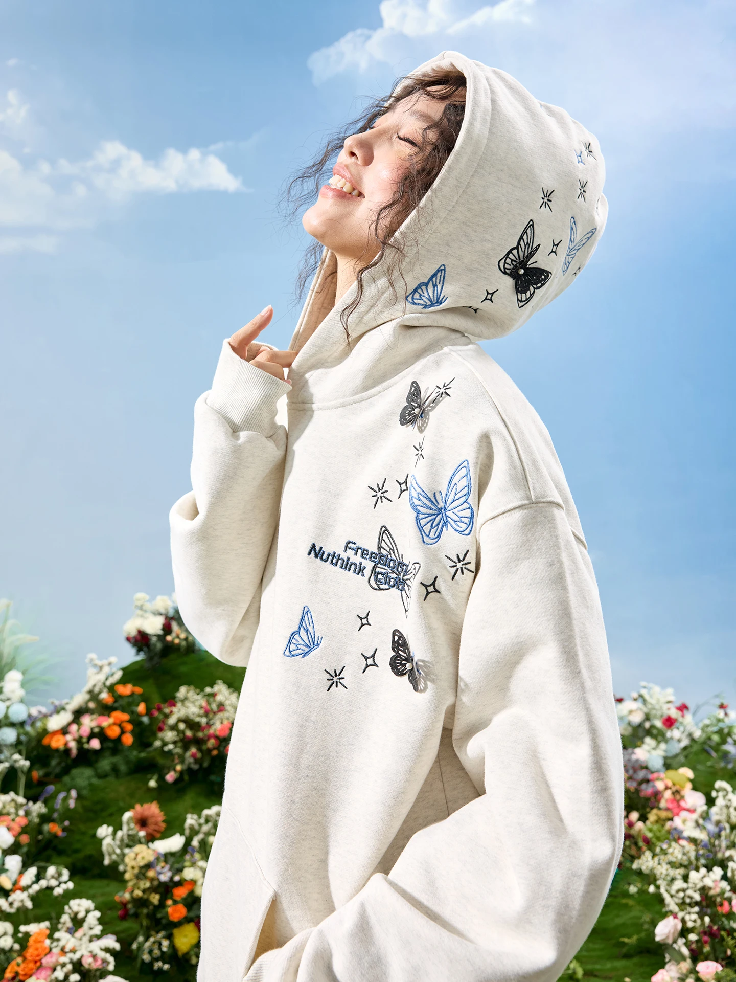 

Nuthink American Sle Embroidery Hoodie Fce Lined ex Spring Casual Comfortable Cotton Sweatirt