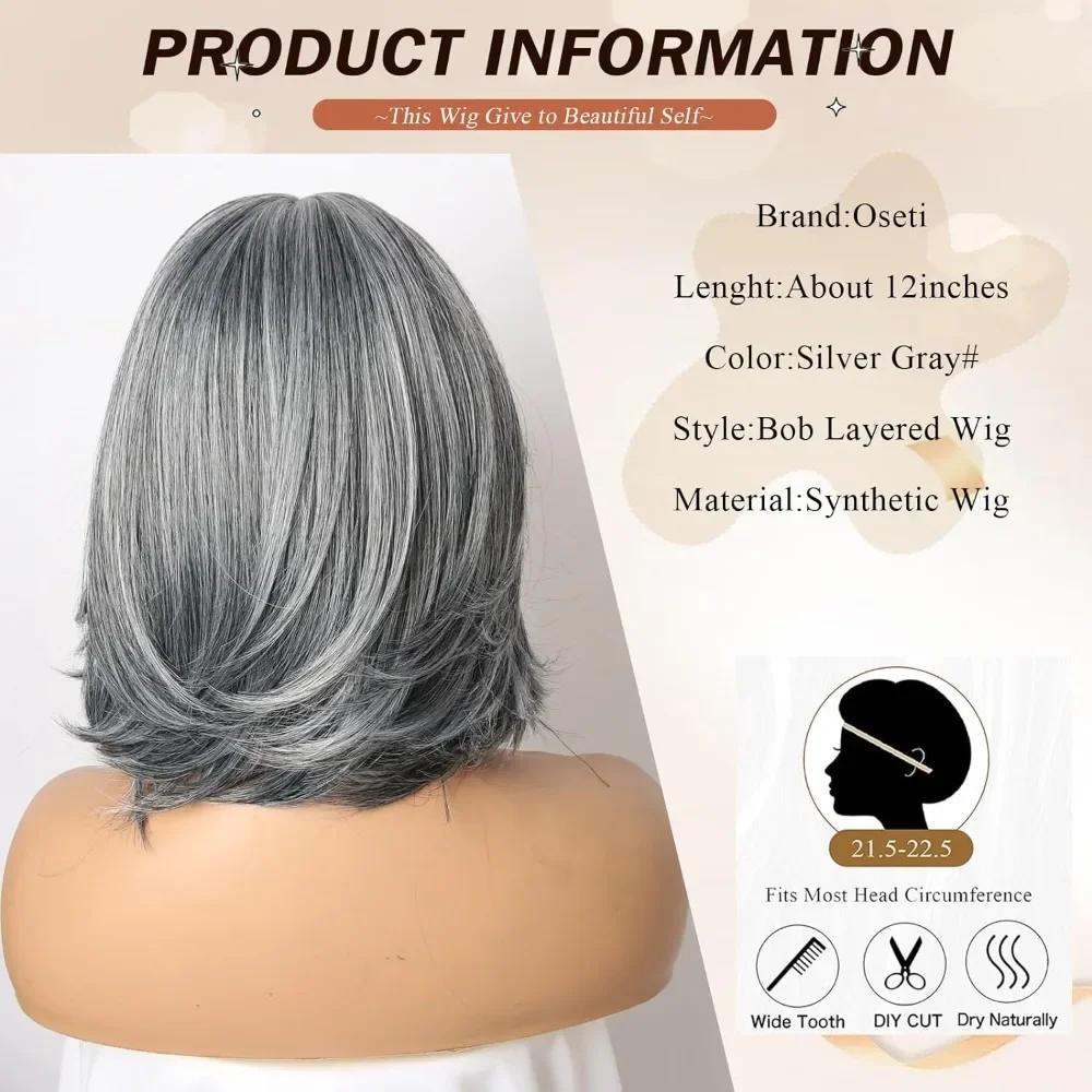 Silver Wig Grey Ombre Women\'s Wig with Curtain Bangs Synthetic Highlights Grey Bob Short Hair Silver Multi Layered Wig with Bang