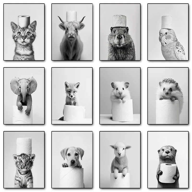 Black White Animals Holding Paper Rolls Funny Bathroom Poster Otter Cat Prints Canvas Printing Wall Art Picture for Toilet Decor