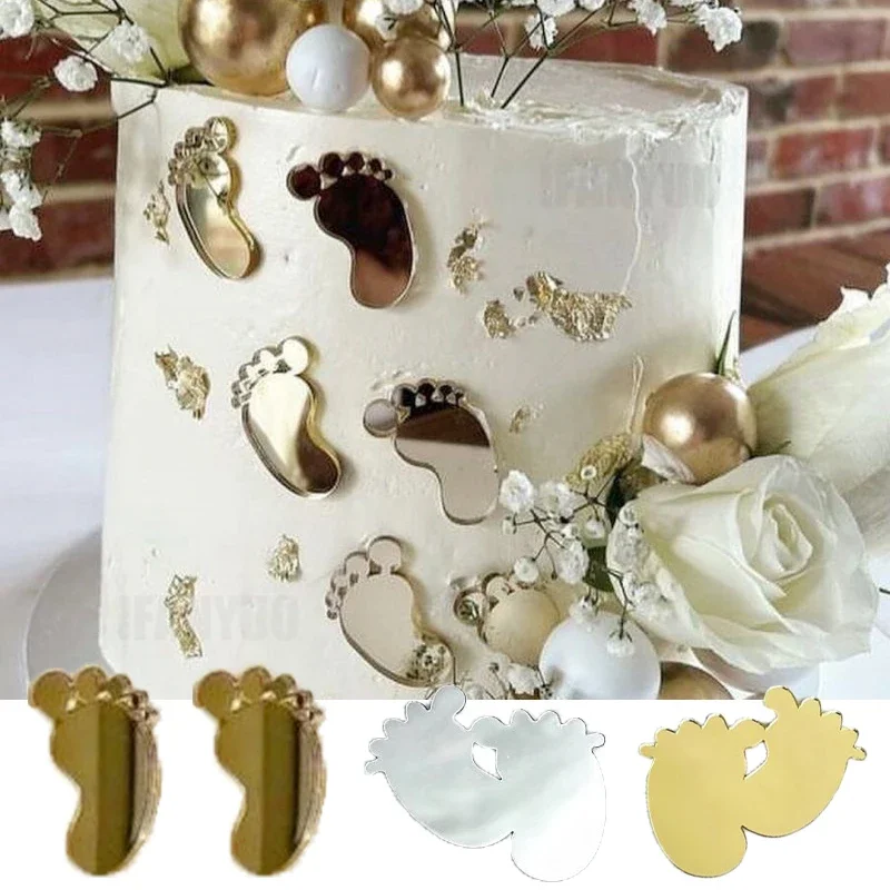 6pcs/lot Baby Shower Footprint Cake Topper Gold Acrylic Gender Reveal Cupcake Topper for Baby Birthday Party Cake Decorations