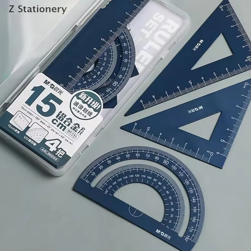 4Pcs/Set Aluminium Ruler Set Metal/Plastic/Soft Geometry Maths Drawing Compass Stationery Rulers Mathematical For School