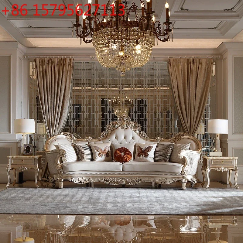 Leather Living Room Sofas Luxury European Beige Wooden Curved Modern Couch Double Lounge Designer Canape Salon Furniture