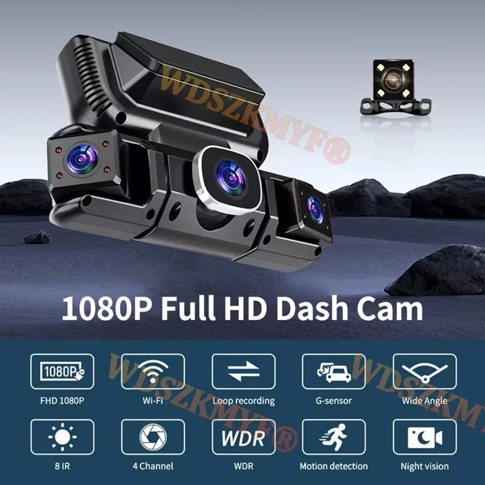 Quad Lens Car Dash Camera 360°  Front Rear Interior Rear View camea 1080P Full HD Car DVR with Night Vision Parking Monitor