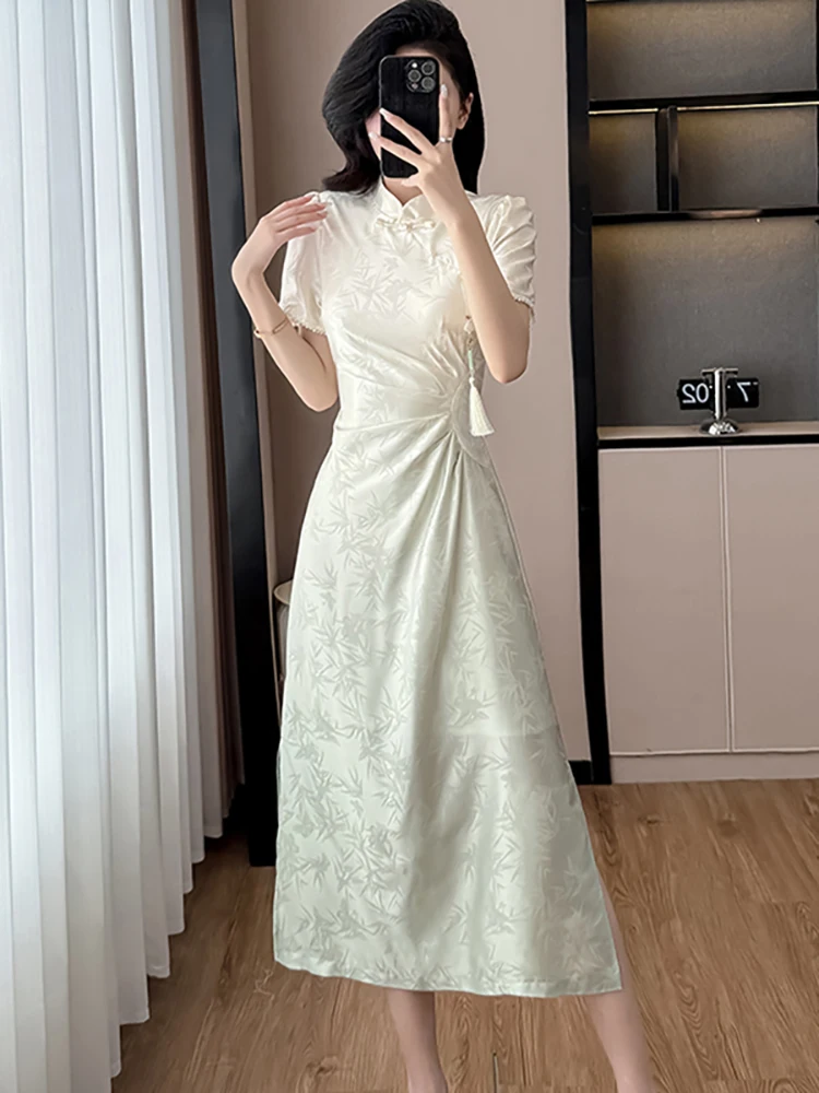 Women Korean Vintage Luxury Evening Dress Gown Summer White Jacquard Tassel Dress 2025 New Pleated Bodycon Casual Holiday Dress