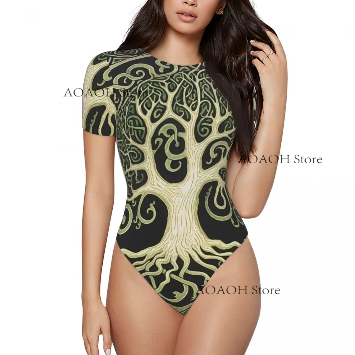 Yggdrasil Tree Of Life ผู้หญิง Casual Crewneck เลกกิ้ง Jumpsuit เซ็กซี่แขนสั้น