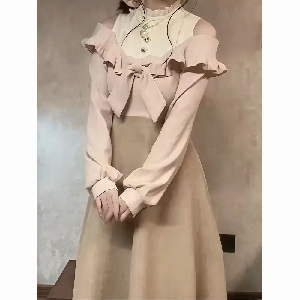 NONSAR Japanese Elegant Sweet Fake Two Piece Dress Women Vintage Y2k Off-shoulder Bow Midi Dress Harajuku Korean Outfits