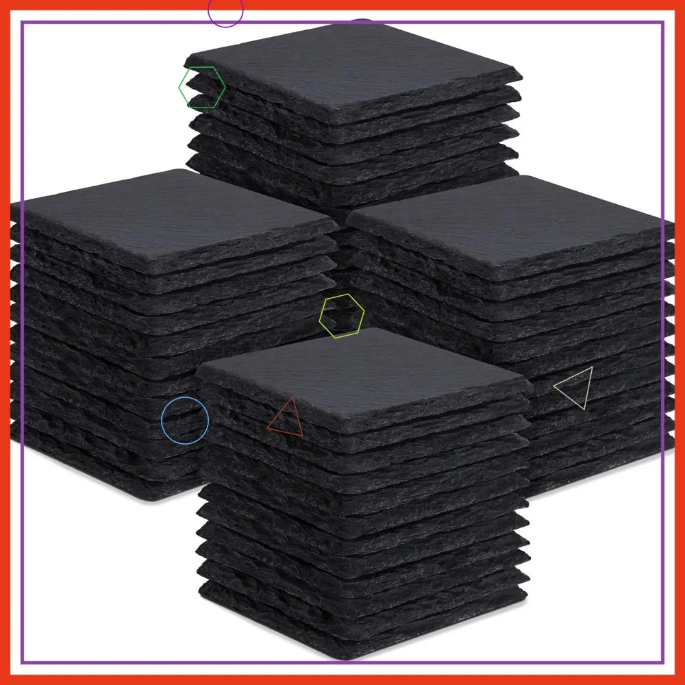 

48-Piece Black Slate Coasters Set, 4-Inch Square Laser Engraving Blanks with Anti-Scratch Bottom for Home Office Bar Gifts