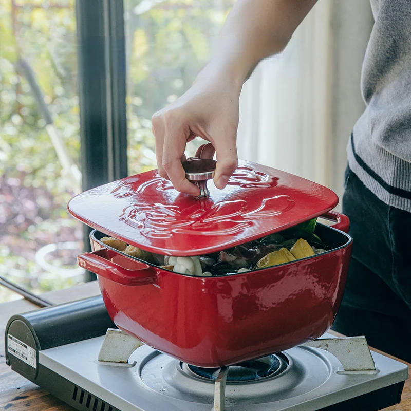 Ruby Red Deepen Induction Cooker Gas Universal Stew Pots Micro Pressure Lock Fresh Cooking Pots Square Enamel Cast Iron Pots