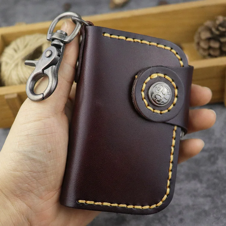 Handmade prawdziwej skóry skórzany na klucze portfel z uchwytem pokrowiec na karty Vintage z kluczem pierścień breloczek
