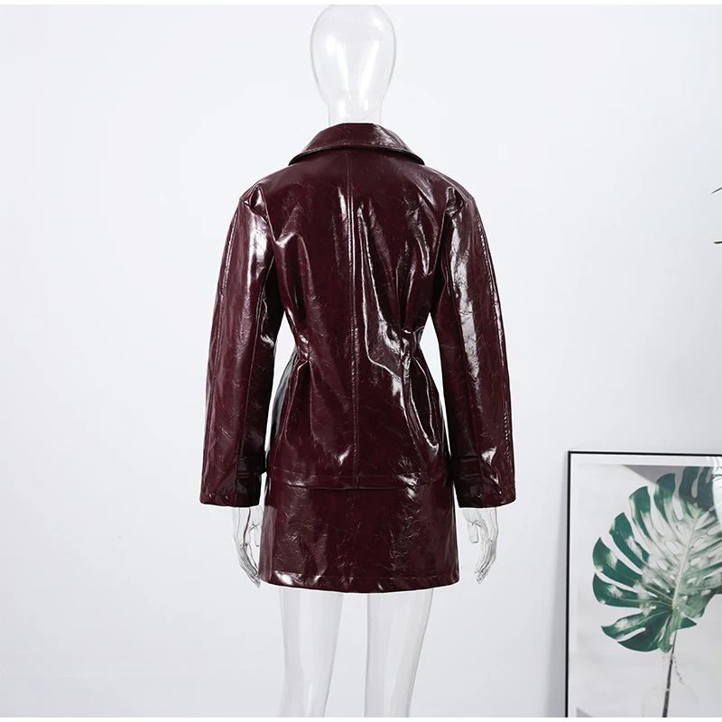 Solid PU Leather Women's Jacket Mini Skirt Set Lapel Neck Full Sleeve Double Breasted Coat Suit 2025 Autumn Stylish Edgy Outfit