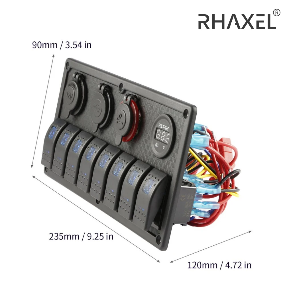 

Водонепроницаемая морская панель переключателей RHAXEL на 8 кнопок с LED-дисплеем напряжения, двойным USB-зарядным устройством и разветвителем для прикуривателя для авто и фургонов
