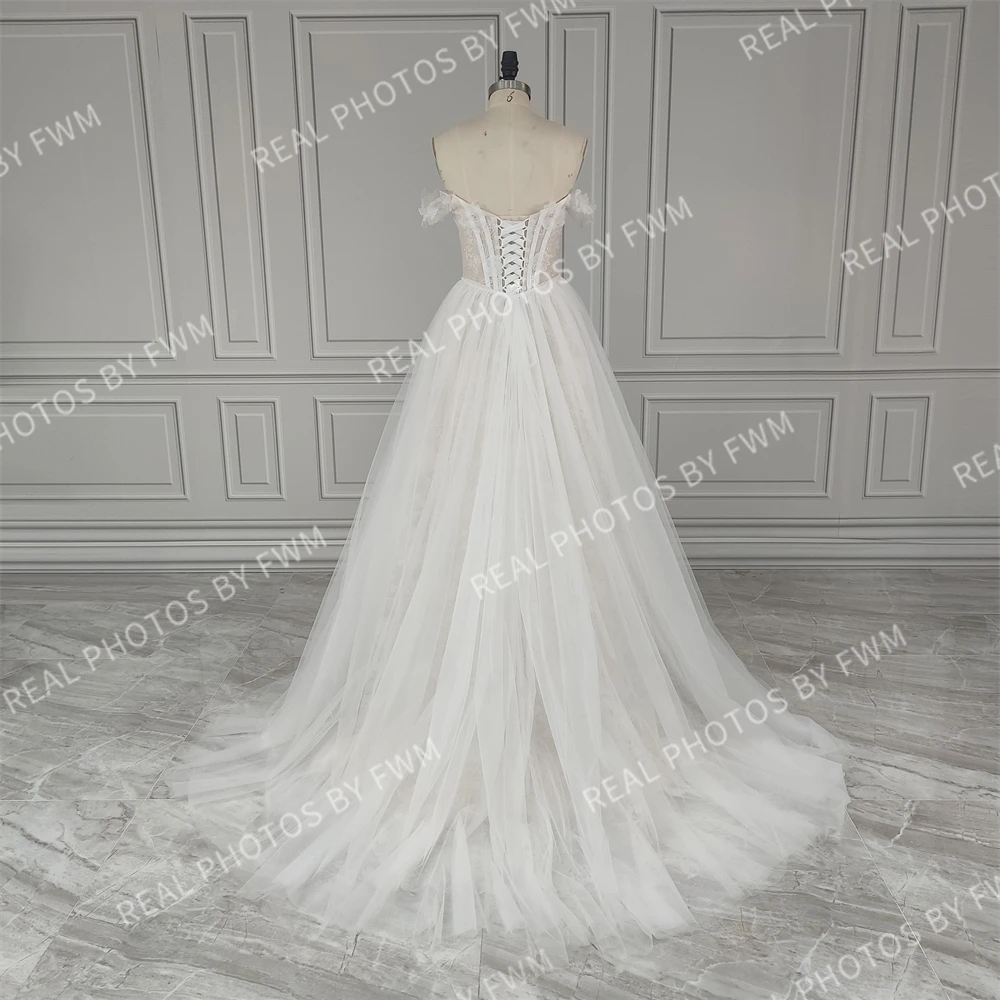 2285 #   Personalizado fora do ombro a linha 3d flores vestido de casamento de renda com apliques de lantejoulas vestido de noiva para mulher feito sob encomenda