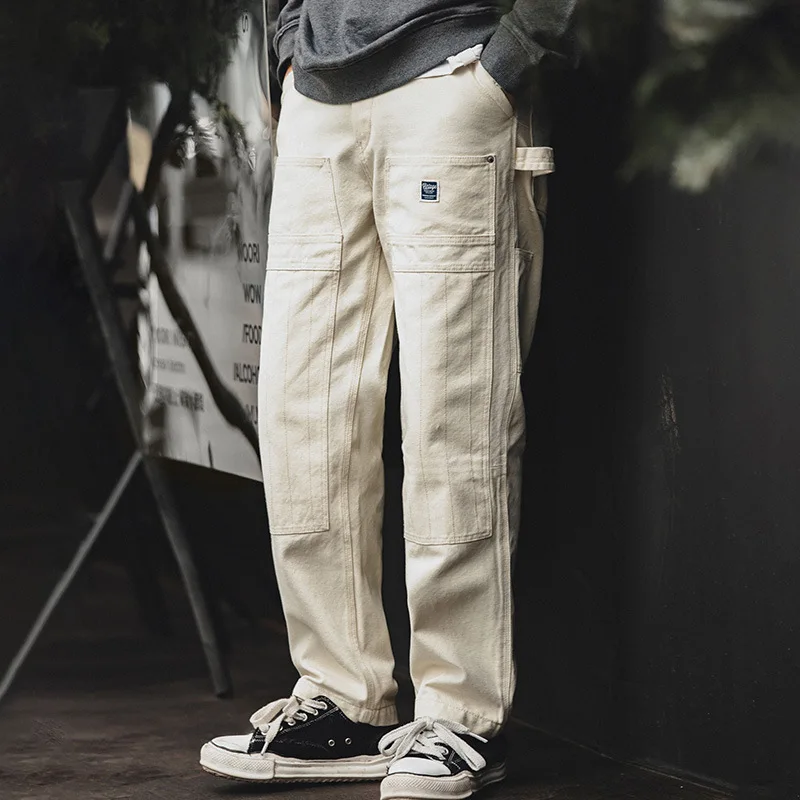 

Fashionable Men's Workwear, American Retro Distressed, Loose Off-white Jeans, Washed Straight-leg Multi-pocket Cargo Pants.