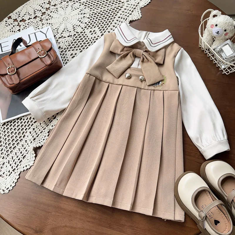 

Children's Outfit New Autumn Girls' Elegant Academy Style Dress Fashionable Girl Fake Two-Piece Pleated Skirt