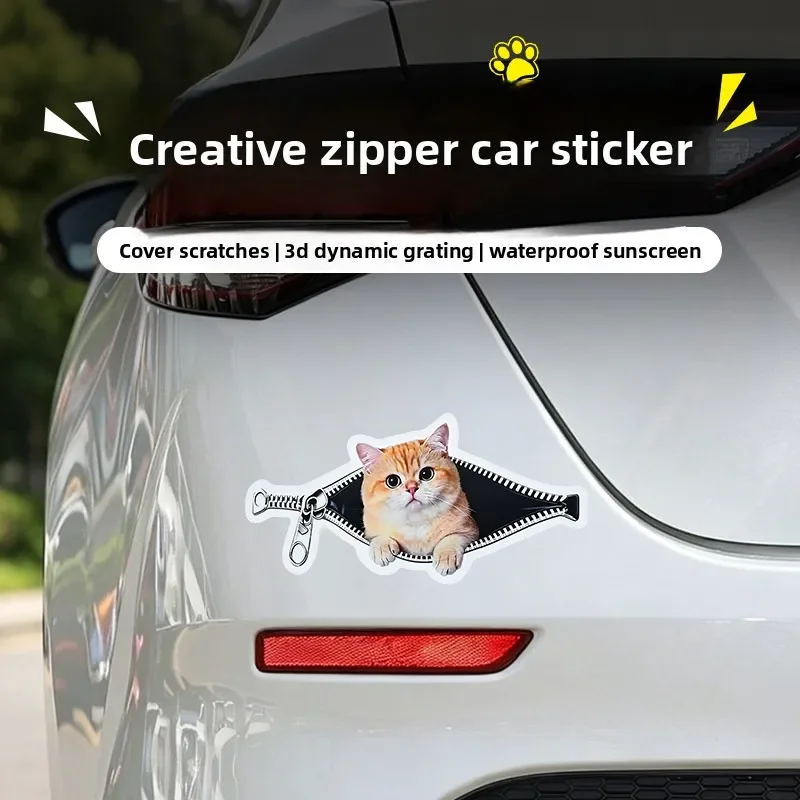 3D Lenticular Zipper Cat Car Sticker Dynamic Moving Orange Tabby Kitten Optical Illusion Auto Decal