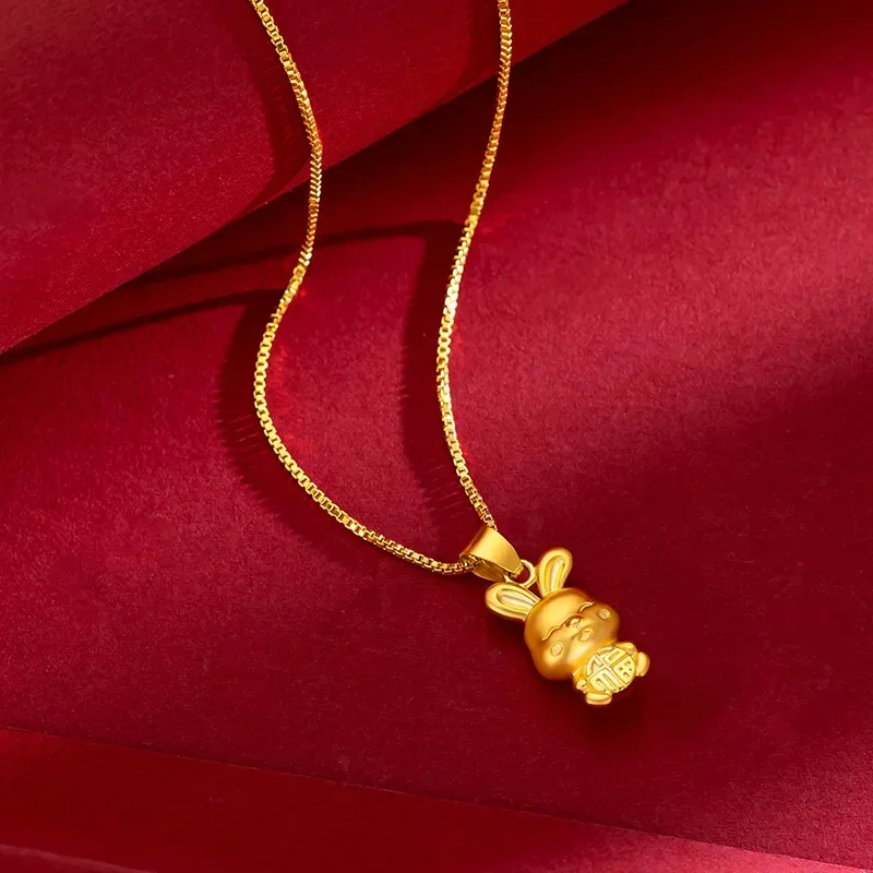 

9999 Real Gold 24K New Life Zodiac Rabbit Clavicle Chain, Rabbit Zodiac Guardian Pendant New Year's Gift