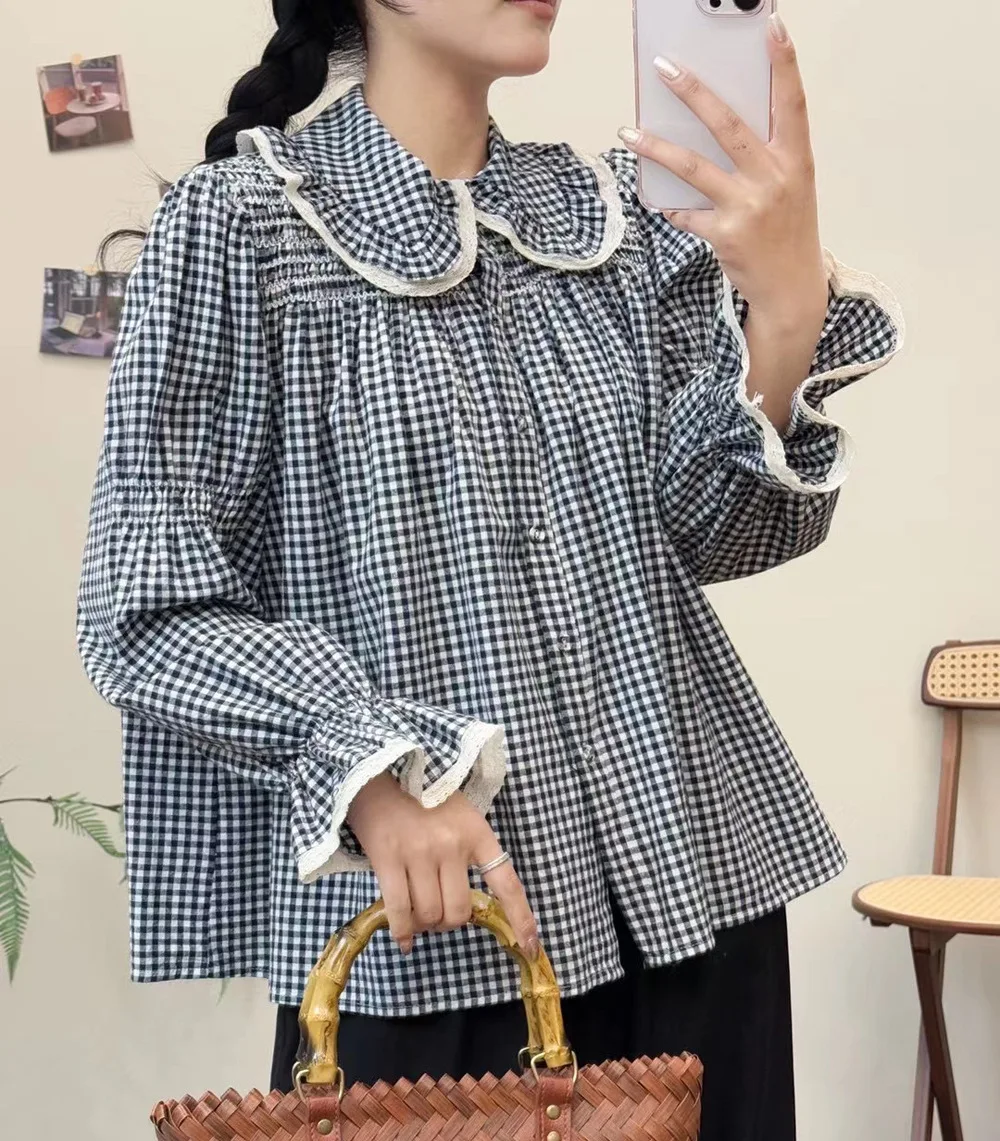 

2025: женская летняя одежда, стиль мори для девочек, хлопковые рубашки в клетку с воротником «Питер Пэн», клетчатые блузки с длинными рукавами-фонариками, топы