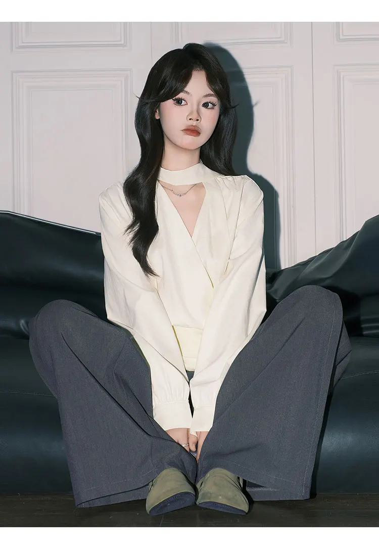 Outono novo estilo francês damasco cintura-concha com decote em v elegante fita manga longa topo cor café fino ajuste pulôver camisa