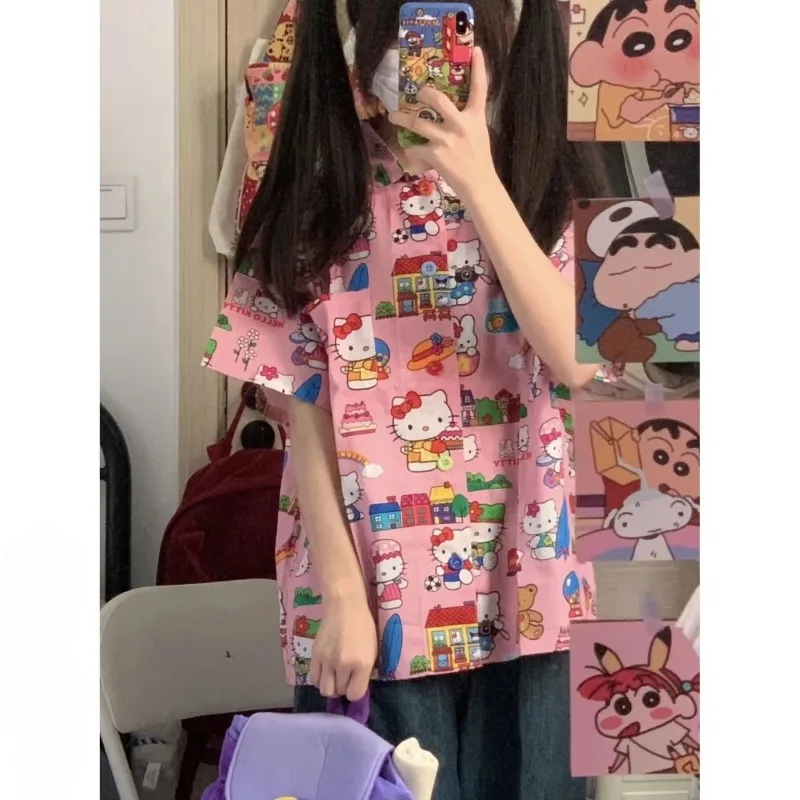 

Kawaii HelloKitty Pink Shirt Sanrio Cartoon Printing Revival Sweet Youthful Blouse Trendy ShortSleeve Summer Wardrobe Essential​