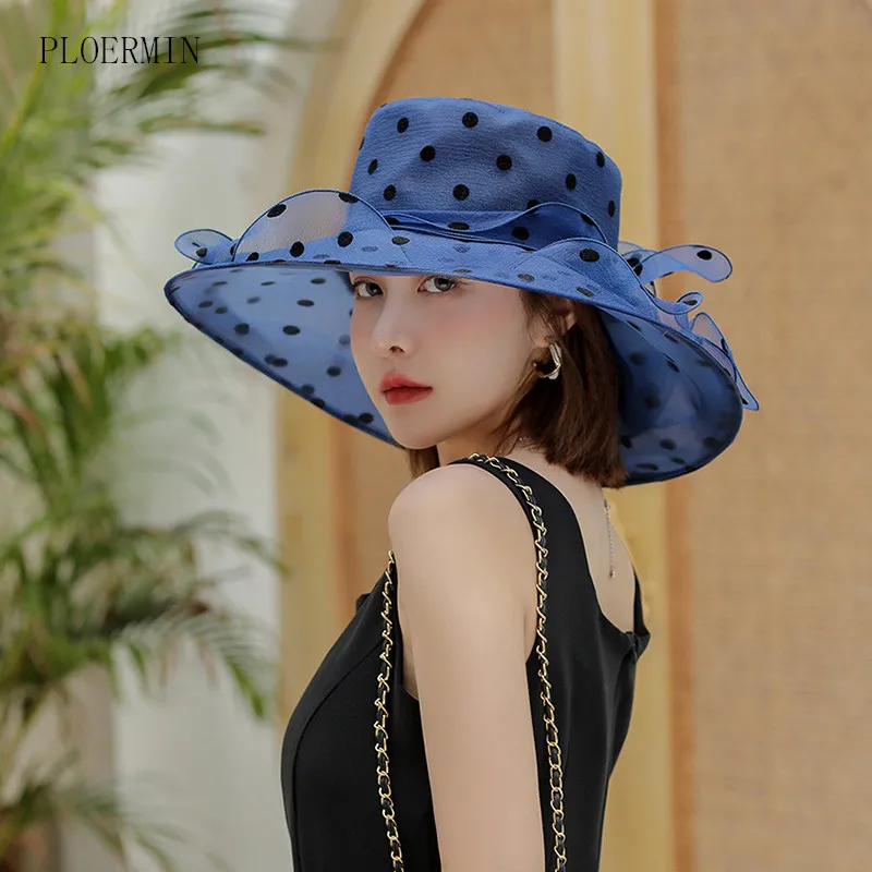 2022 New Ladies Elegant Flower Church Hats Summer Large Wide Brim Fedora Hat For Women Organza Hat Beach Sun Kentucky Derby Hat