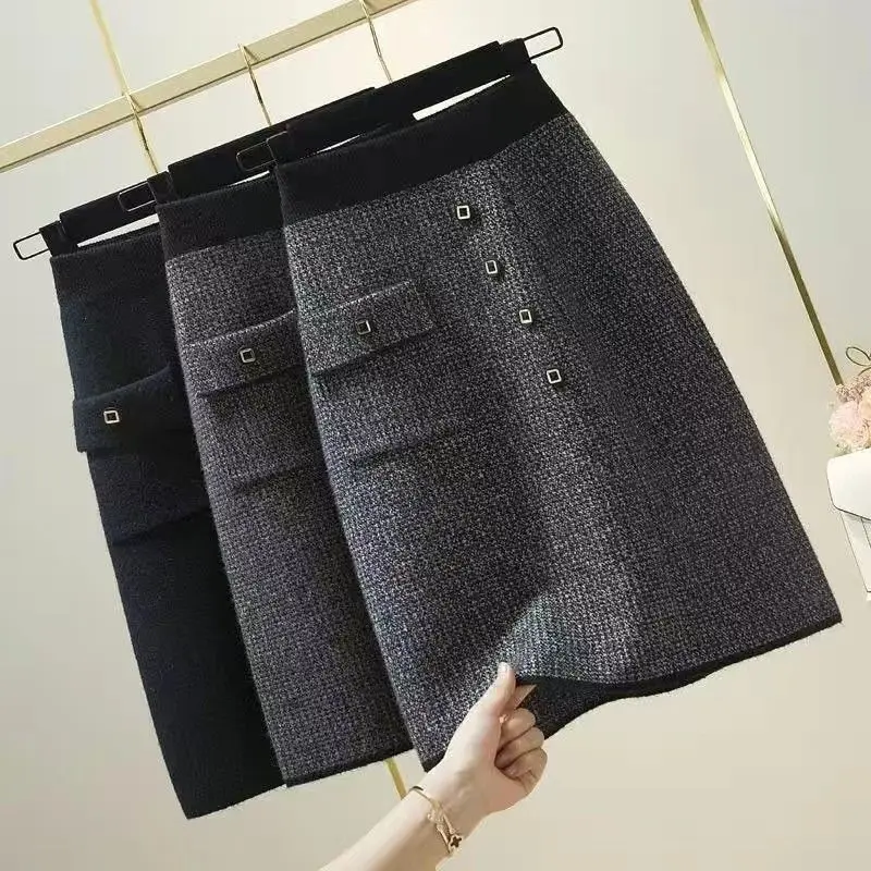 Autumn Winter Office Lady Simplicity Pocket Elastic Waist A-line Skirt Ladies Vintage Buttons Slim Skirt Women Clothes Skirts