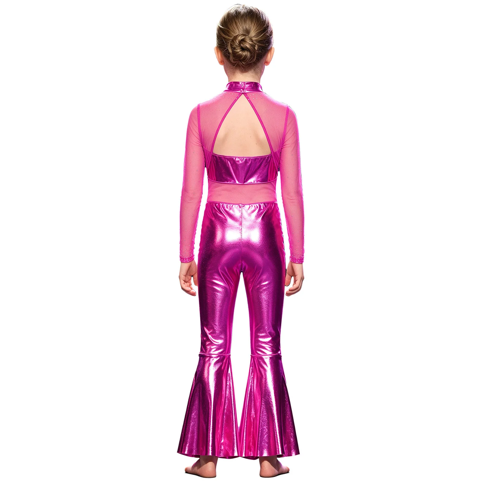 Kids Girls Metallic Shiny Jazz Modern Dance Jumpsuit Long Sleeve Cutout Mesh Rhinestone Bell-bottom Bodysuit Hip Hop Dancewear