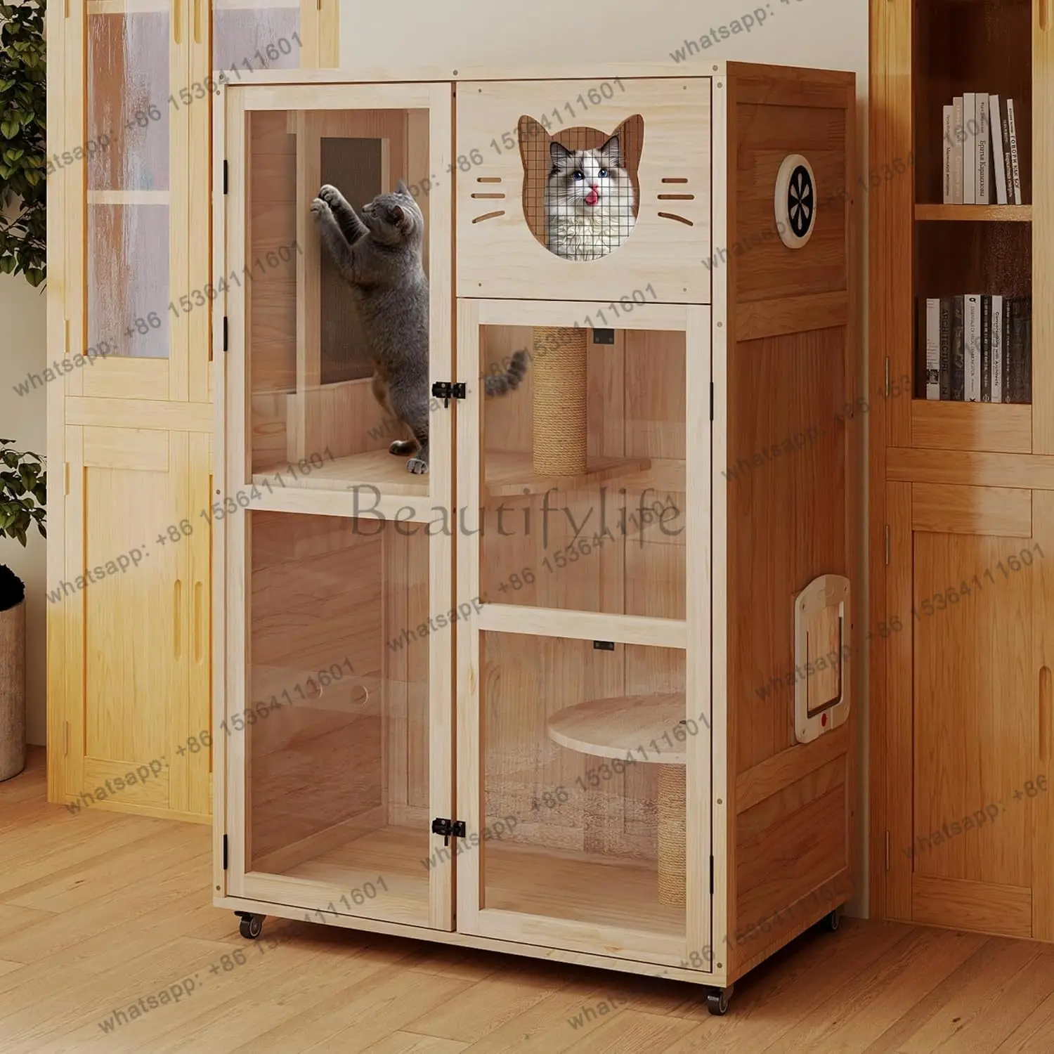 Multi-Level Large Wooden Cat House with Scratching Posts Acrylic Doors Ventilation Wheels Indoor Furniture, Customized