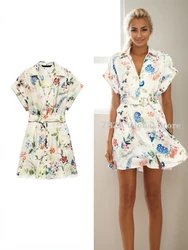 Women's Floral Print Satin Dress Lapel V-neckline Short Sleeves Mini Dress Tonal Belt Silk Texture Short Dress Summer New Dress