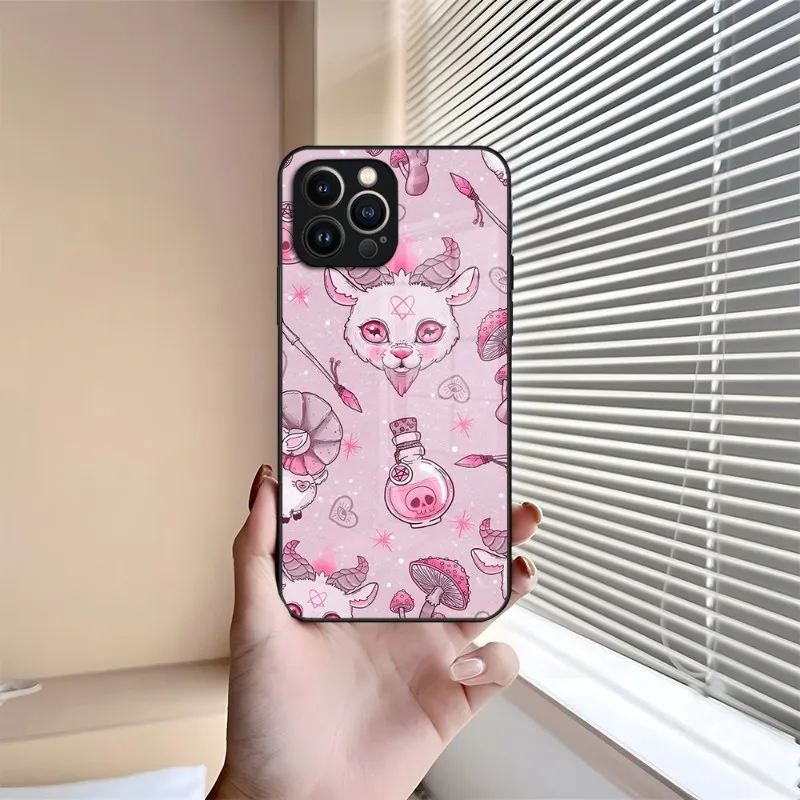 Pink Cat Skull Sorceress Witch Phone Case Tempered Glass For IPhone 14 12 13 11 Pro XS Max Plus Mini X XR 8 7 6s SE2020 Cover