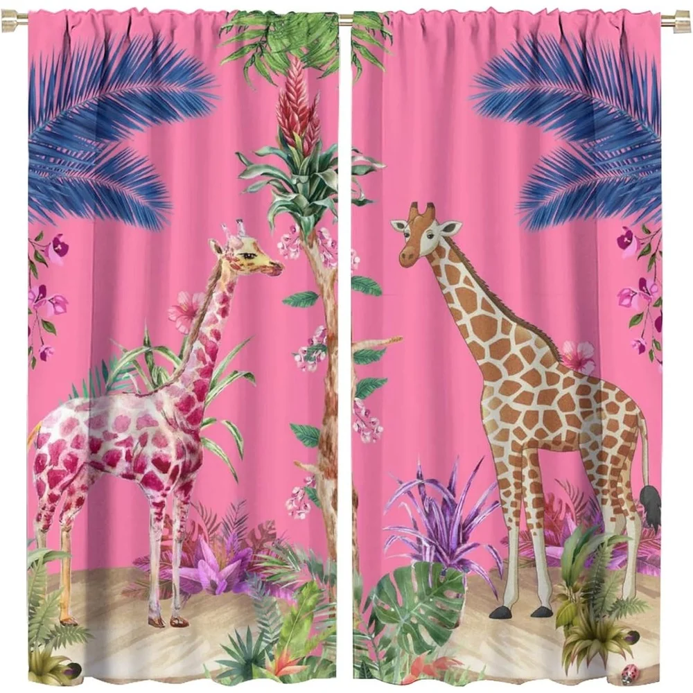 2 Panels African Jungle Safari Curtains with Giraffe & Tropical Palm Tree Design - Thermal Insulated Blackout Window Curtains, P