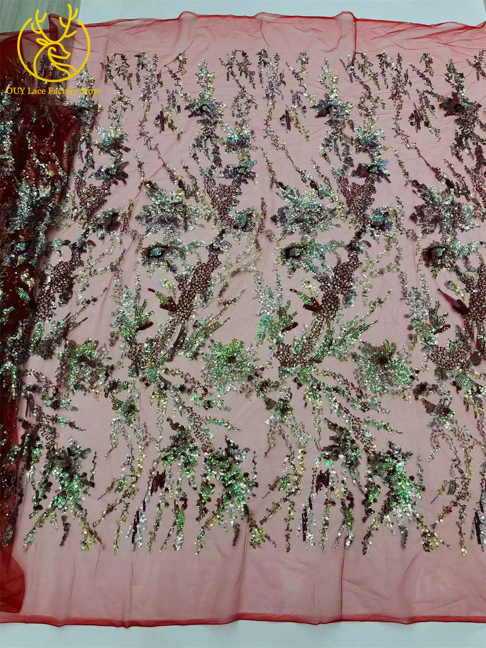 Roter afrikanischer Pailletten-Spitzenstoff, 5 Yards, hochwertiger, eleganter französischer Stickerei-Spitzenstoff für Hochzeits- und Abendkleider zum Nähen – Detail 10