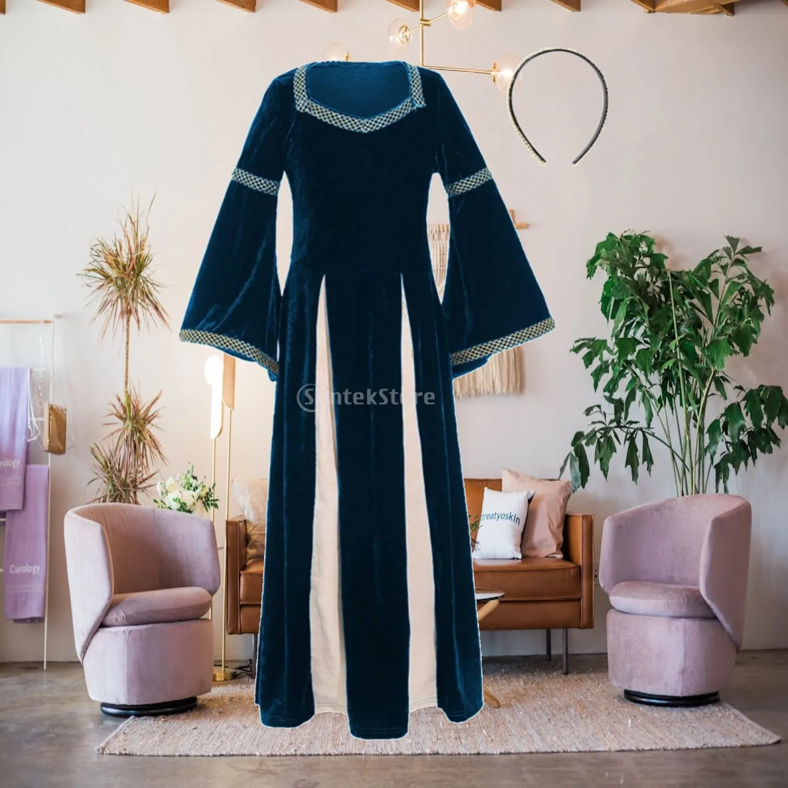 Women Costume Girls Renaissance Dress Velvet Medieval Gown Long Square Neckline Bell Sleeve Gold Trim Historical Clothing