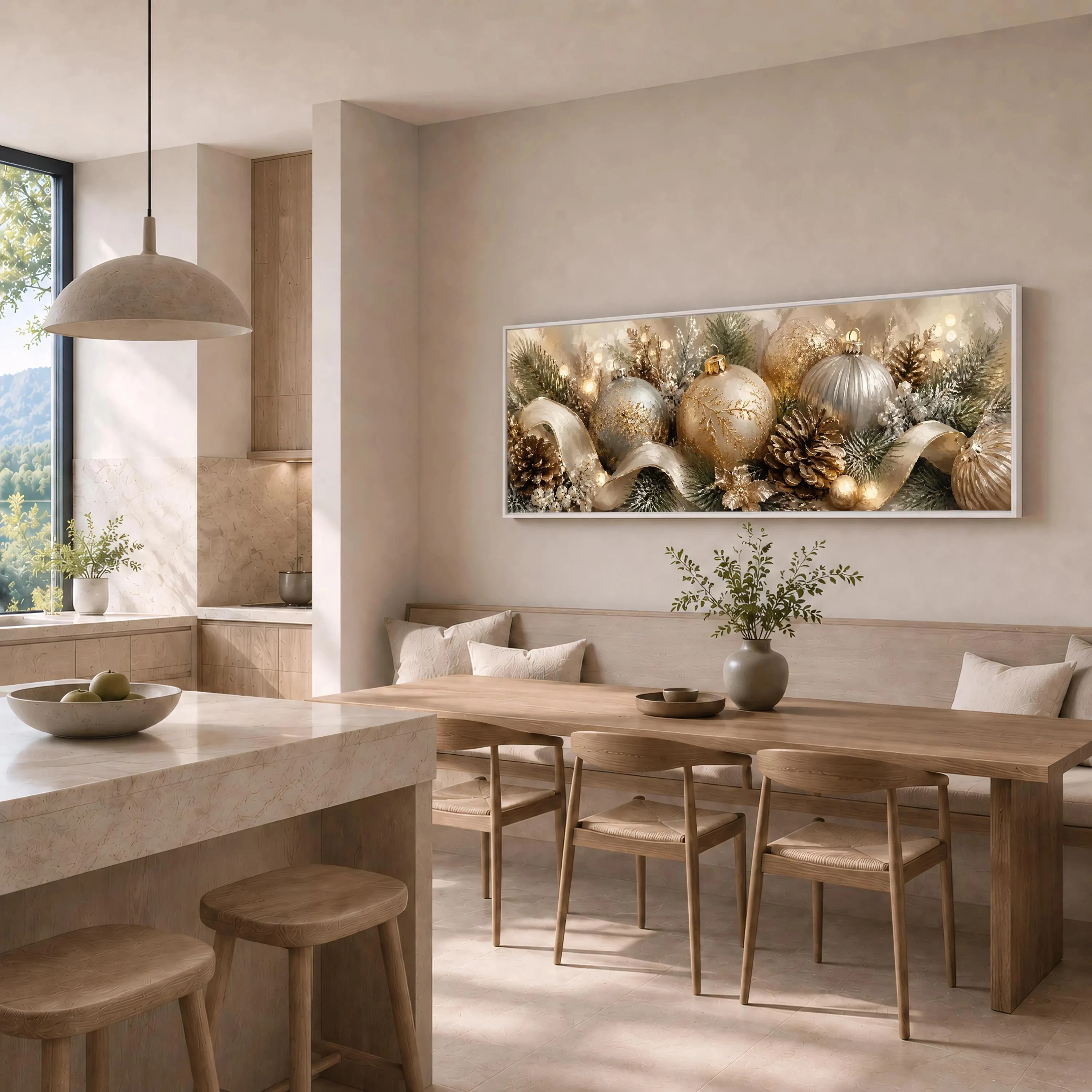 Gold Silver Christmas Baubles Canvas Wall Art, Pine Cone Ribbon Decor Painting for Living Room Winter Holiday Home Decoration