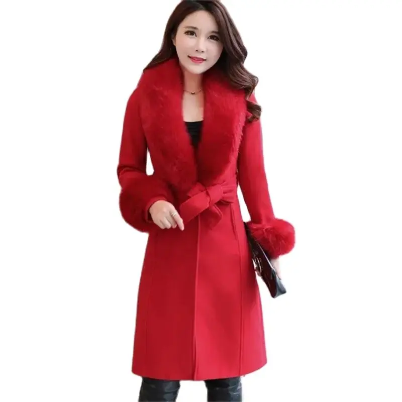 

Wool Coat Women Medium Long Korean Version New Winter Jacket Slim Tie-Up Big Fur Collar Coat Detachable Fur Collar Overcoat