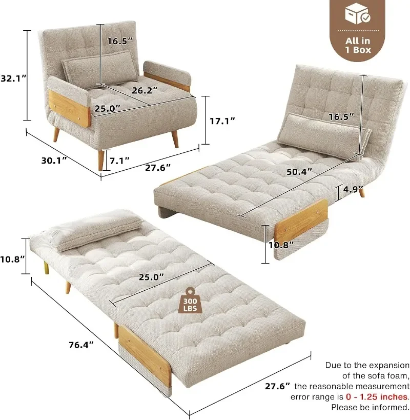 JASIWAY Convertible Sleeper Chair Bed for Adults 3 in 1 Linen Convertable Futon Chair with Pillow, Fold Out Single Sleeper Couch