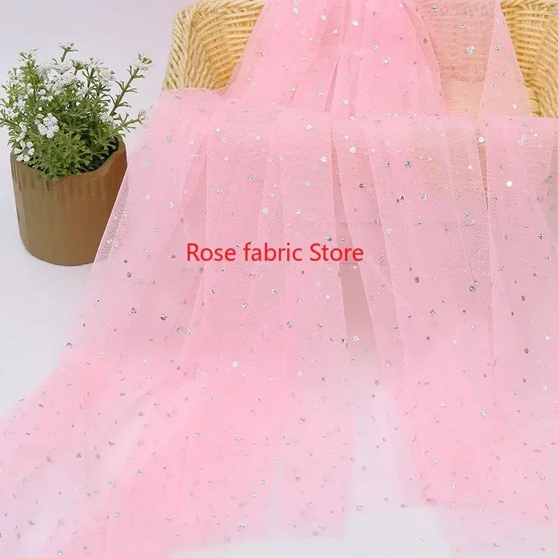 Tela de encaje de lentejuelas plateadas, 12 colores, tul de malla suave con lentejuelas para vestido de novia, vestido de niña, vestido tutú de 51 "ancho y 1 metro