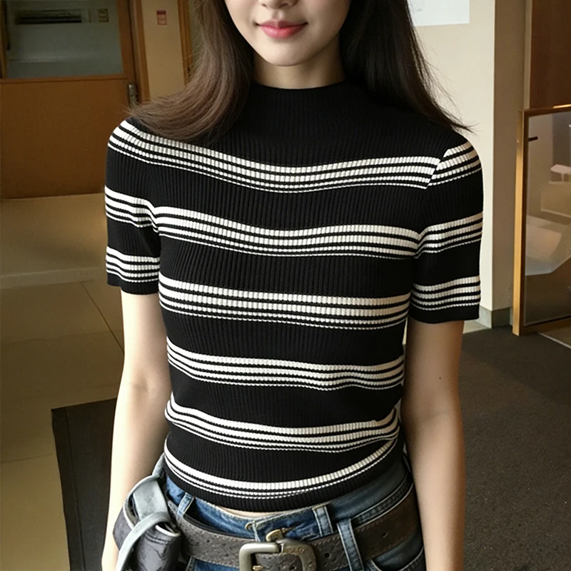 

Striped Ribbed Knit Top Short Sleeve High-neck Lightweight Sweater Women Summer T-shirt Teen-girl Vintage Preppy Casual Outfit