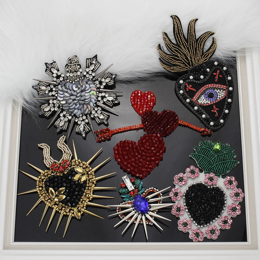 3D Handmade Rhinestone Beaded Patches Heart Sew on Crystal Patch beading Applique Cute Patch Love Medals