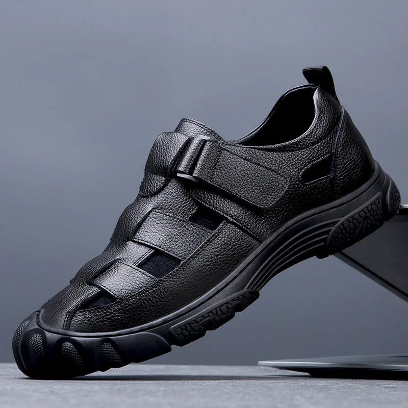 Fashion Mens Genuine Leather Sandals Summer Flat Soft Cow Leather Male Footwear Thick Sole Brand Black Casual Shoes A4636