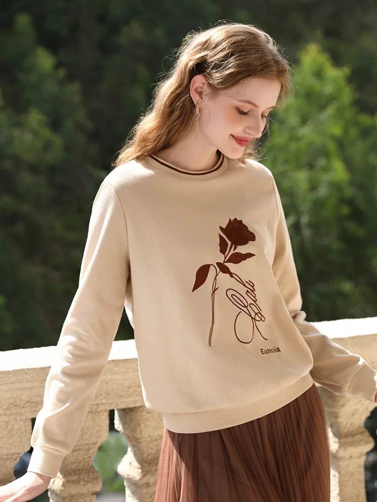 I BELIEVE YOU Khaki Hoodies Women 2024 Embroidery Lazy Wind Loose O-Neck Spring New Pullovers Unique Trendy Tops Lady 2241195503