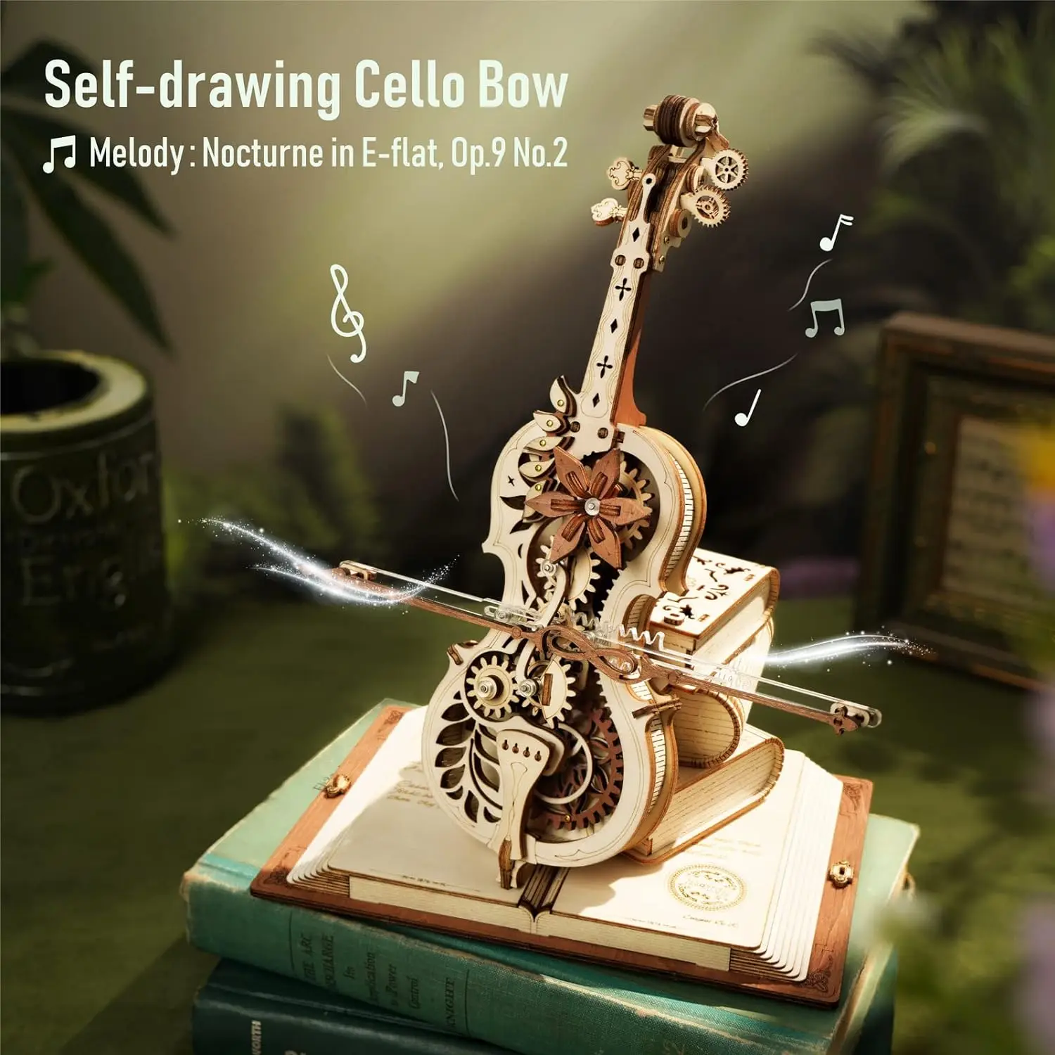 Robotime 1:5 Scale Cello Model Kit with Base 199pcs Wooden Music Box Building Kit Desk Gift for Men Women Hobby for Adults