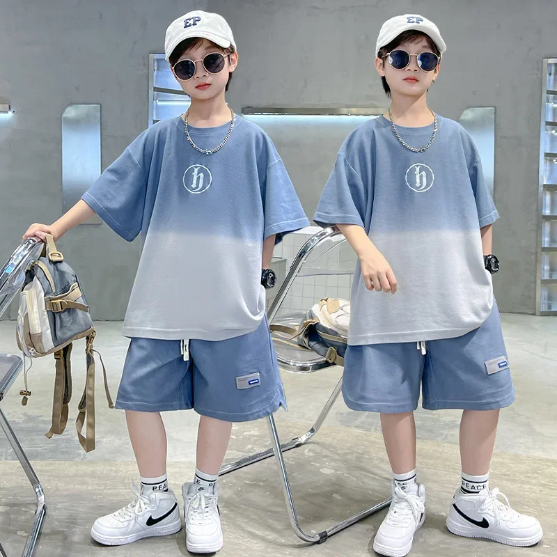 Summer Teenage Boy Clothes Set Children Girls Gradient Tshirt and Shorts 2pcs Suit Kid Short Sleeve Top Bottom Outfits Tracksuit