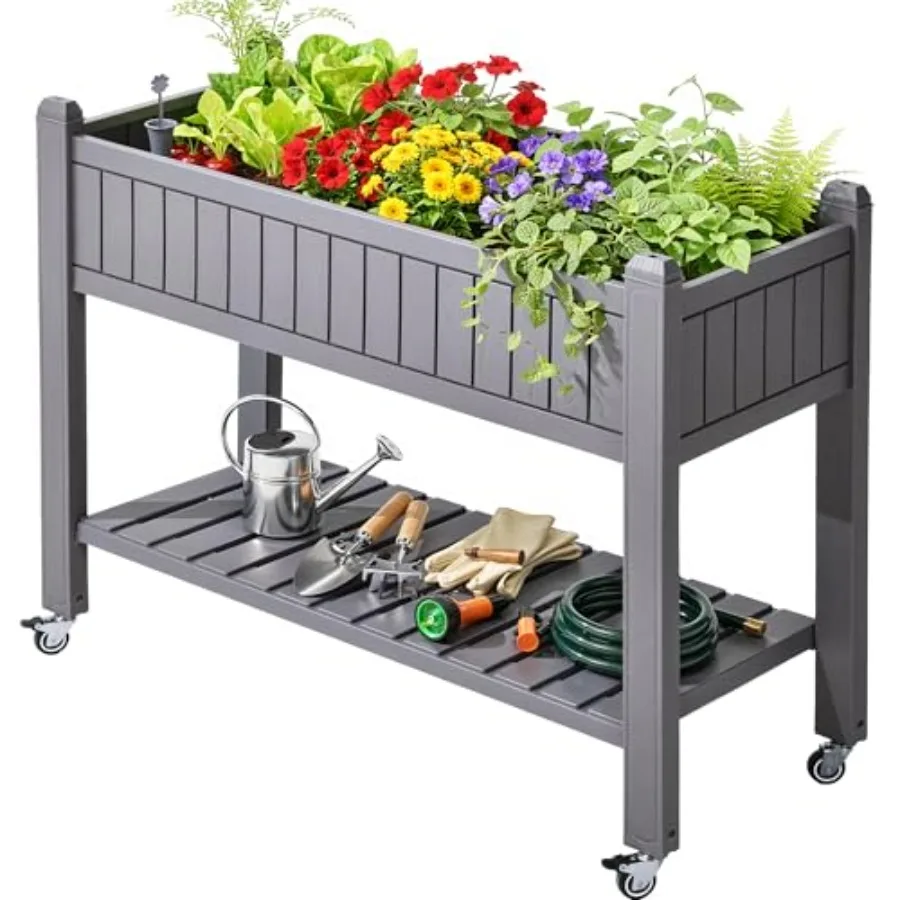 

Пластиковый приподнятый грядок-клумба для сада 42.5x17.3x35.4 дюйма с колесами, ножками, дренажной пробкой и полкой для хранения для растений и овощей