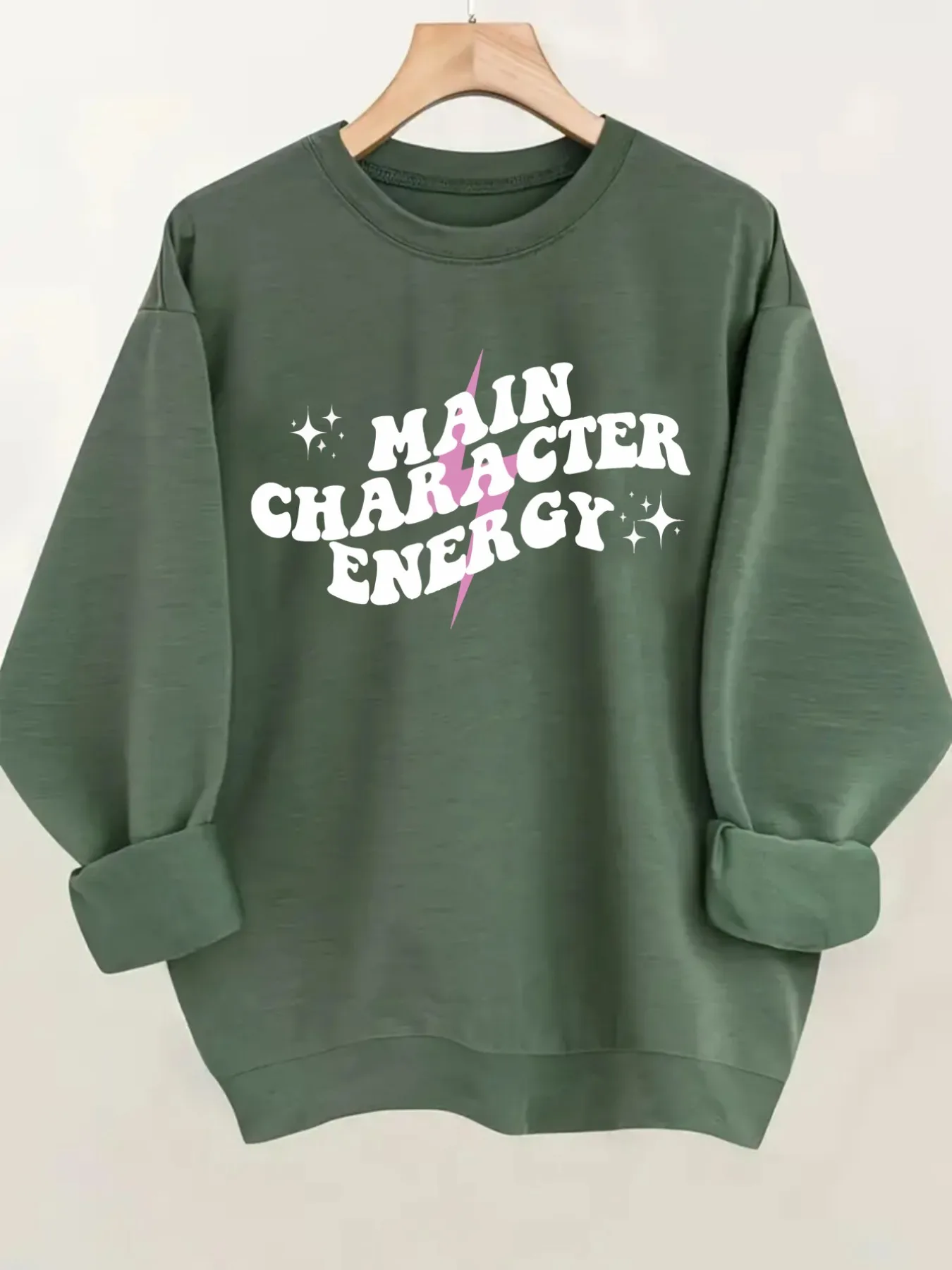 Women's Crewneck Pullover Sweatshirt Main Character Energy Design, Soft Casual Long Sleeve, Daily Casual Top Outfit, Winter Women's Clothing, Halloween Costume Outfit